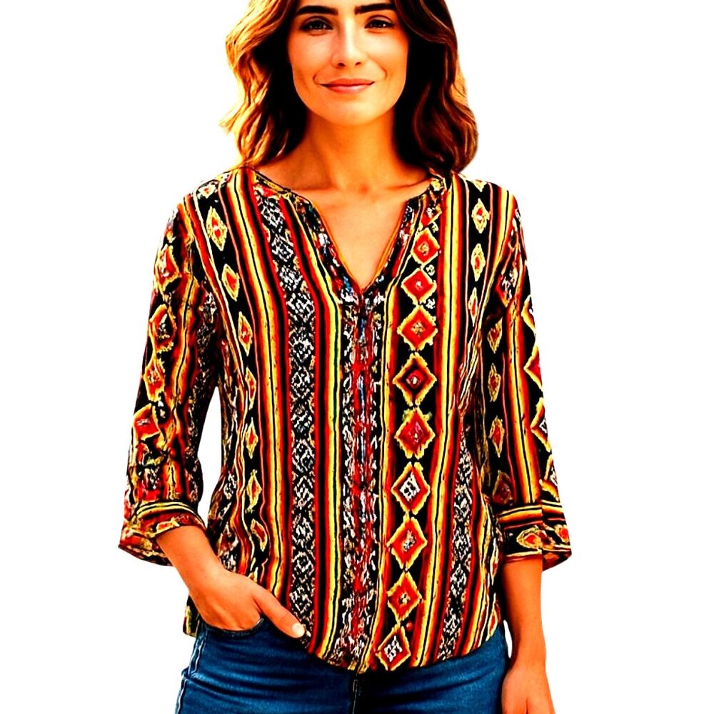 Teenplo Large Orange Stripe Women's Top Shirt Blouse Sleeves Miss Size 10 12